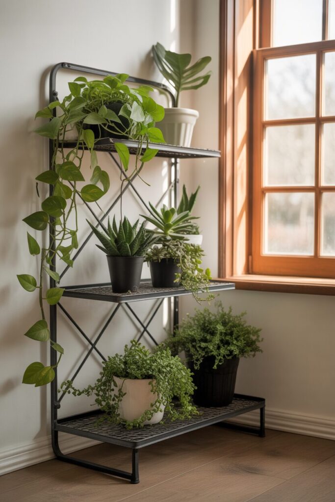 37. Repurpose a Metal Shelf as a Plant Stand