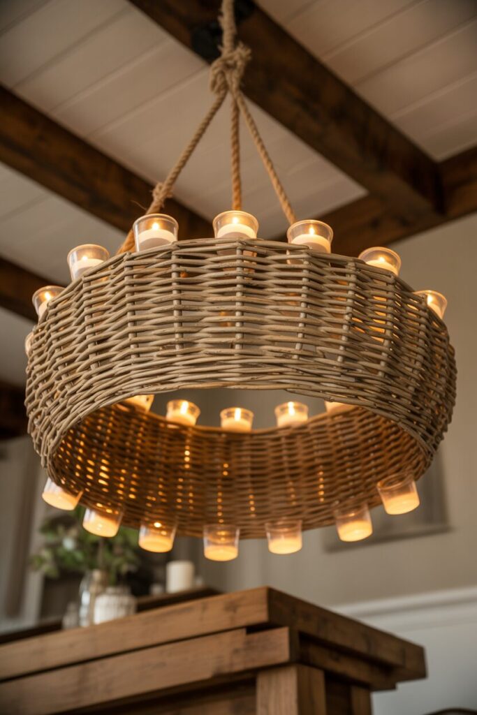 20. Create a Tea Light Chandelier from a Basket
